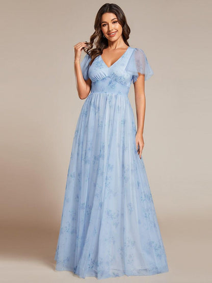 Elegant Floral Tulle V-Neck Short Sleeve Formal Evening Dress