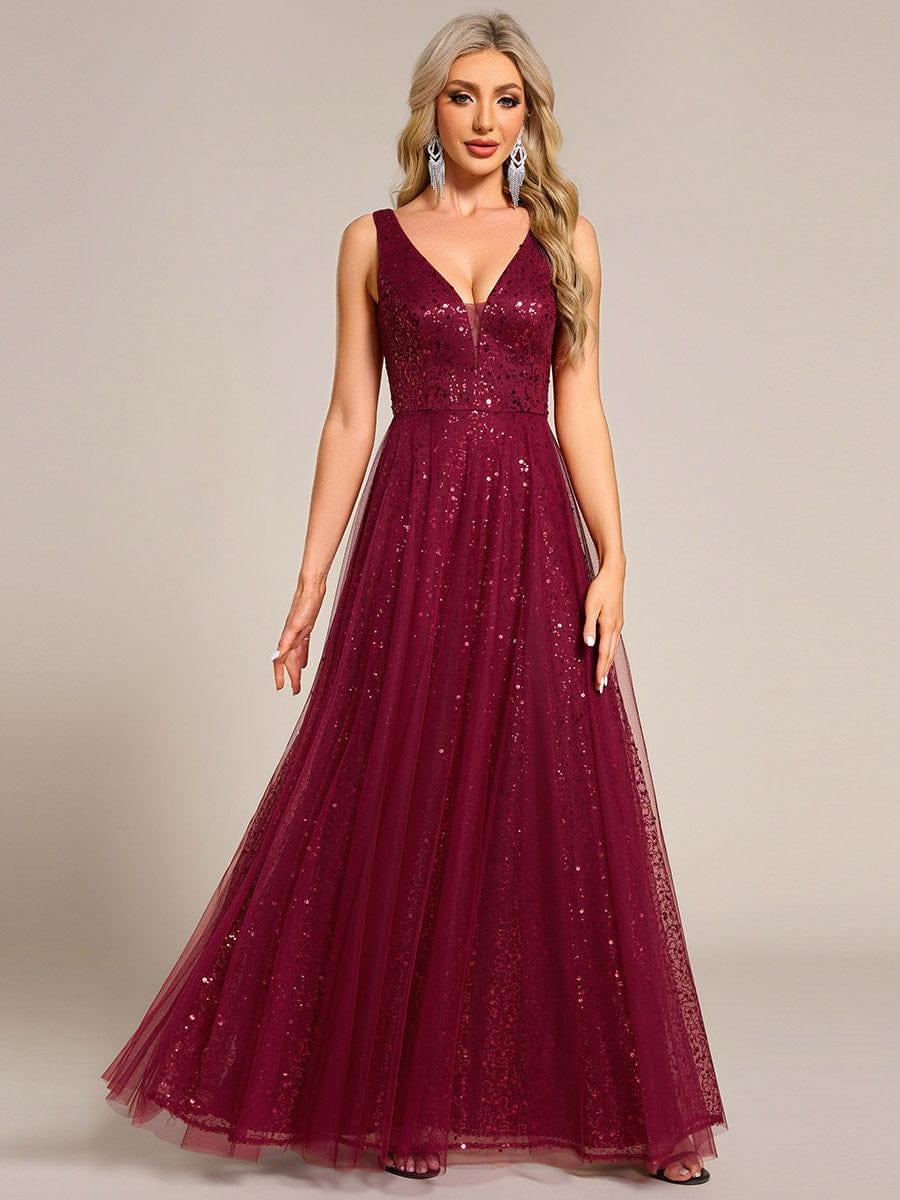 ever HILLARY|V-Neck Sleeveless High-Waist See-Through Sequin Tulle Evening Dress
