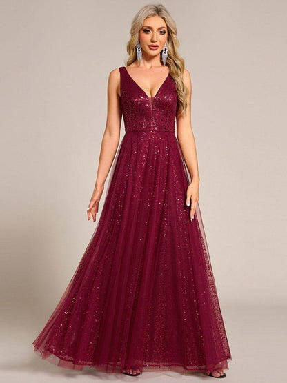 ever HILLARY|V-Neck Sleeveless High-Waist See-Through Sequin Tulle Evening Dress