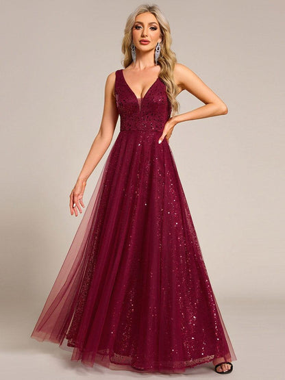 ever HILLARY|V-Neck Sleeveless High-Waist See-Through Sequin Tulle Evening Dress