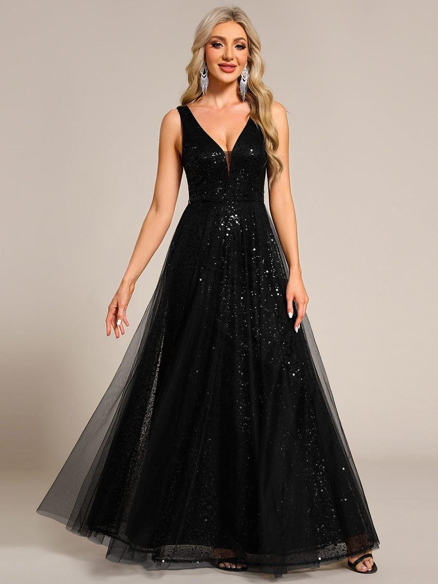 ever HILLARY|V-Neck Sleeveless High-Waist See-Through Sequin Tulle Evening Dress