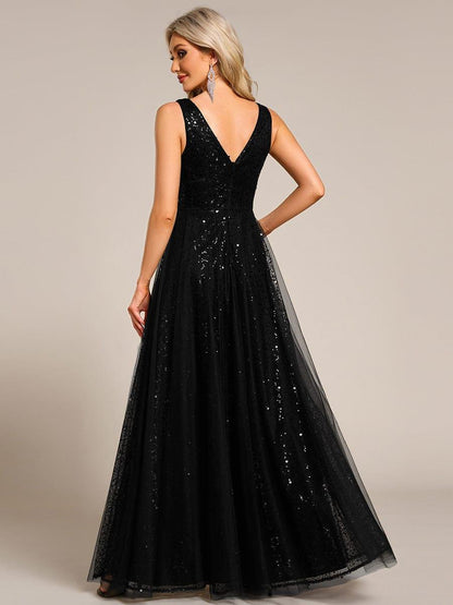 ever HILLARY|V-Neck Sleeveless High-Waist See-Through Sequin Tulle Evening Dress