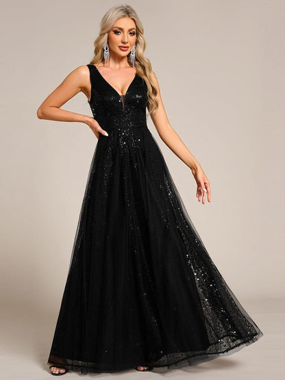 ever HILLARY|V-Neck Sleeveless High-Waist See-Through Sequin Tulle Evening Dress