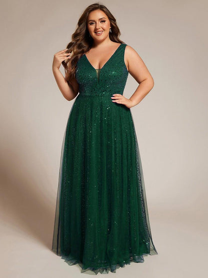 pretty HILLARY|Plus Size Sequin V-Neck Sleeveless Empire Waist Tulle Formal Evening Dress