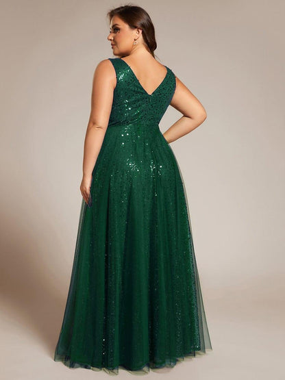 ever HILLARY|V-Neck Sleeveless High-Waist See-Through Sequin Tulle Evening Dress