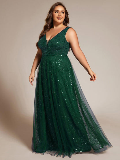 ever HILLARY|V-Neck Sleeveless High-Waist See-Through Sequin Tulle Evening Dress