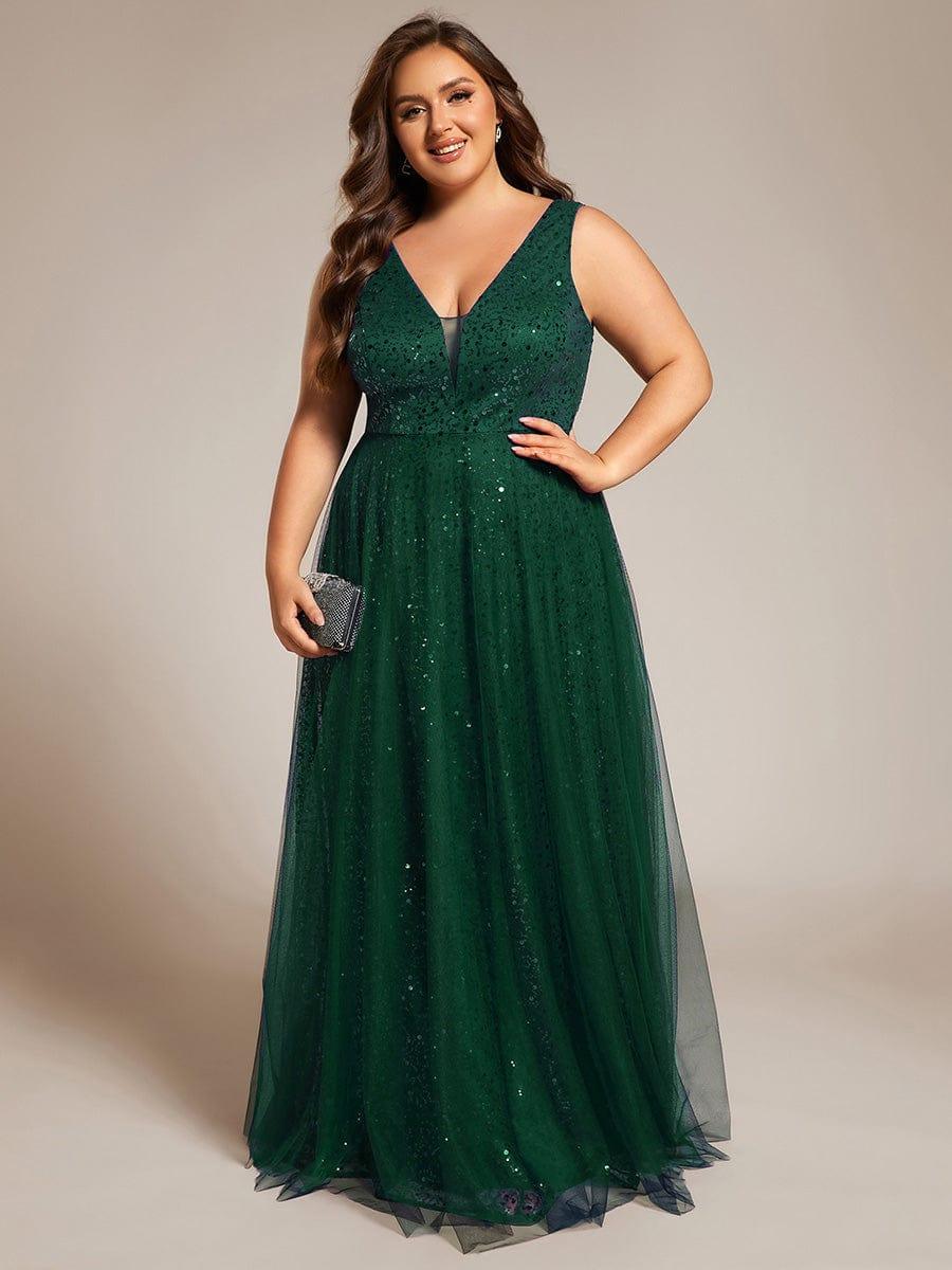 pretty HILLARY|Plus Size Sequin V-Neck Sleeveless Empire Waist Tulle Formal Evening Dress