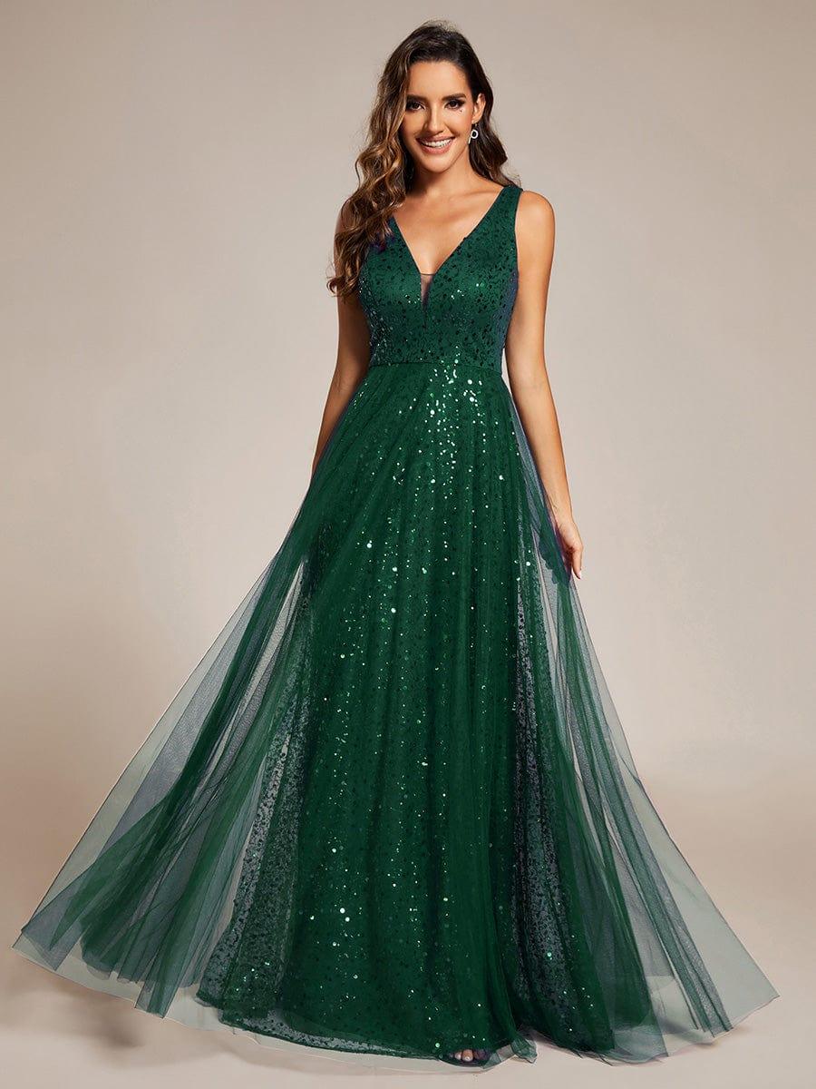 ever HILLARY|V-Neck Sleeveless High-Waist See-Through Sequin Tulle Evening Dress