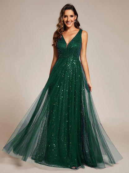 ever HILLARY|V-Neck Sleeveless High-Waist See-Through Sequin Tulle Evening Dress
