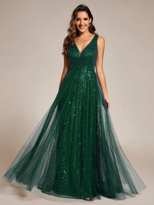 ever HILLARY|V-Neck Sleeveless High-Waist See-Through Sequin Tulle Evening Dress
