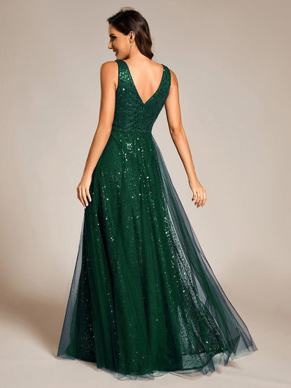 ever HILLARY|V-Neck Sleeveless High-Waist See-Through Sequin Tulle Evening Dress