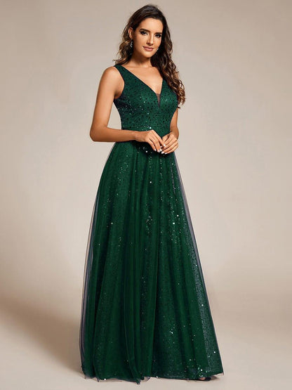 ever HILLARY|V-Neck Sleeveless High-Waist See-Through Sequin Tulle Evening Dress