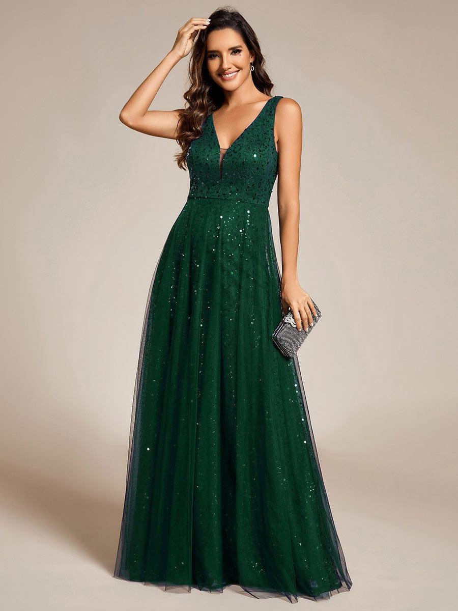ever HILLARY|V-Neck Sleeveless High-Waist See-Through Sequin Tulle Evening Dress