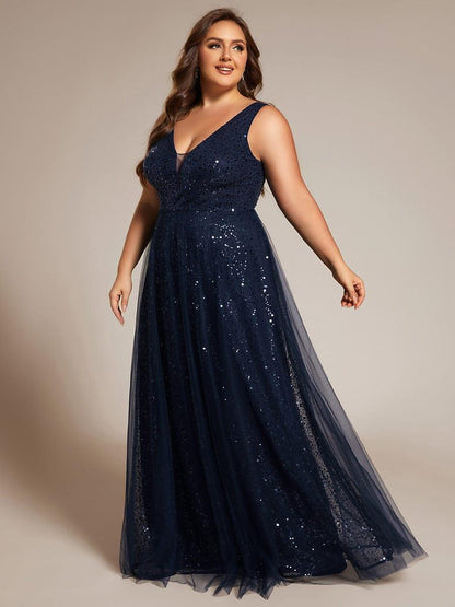 pretty HILLARY|Plus Size Sequin V-Neck Sleeveless Empire Waist Tulle Formal Evening Dress