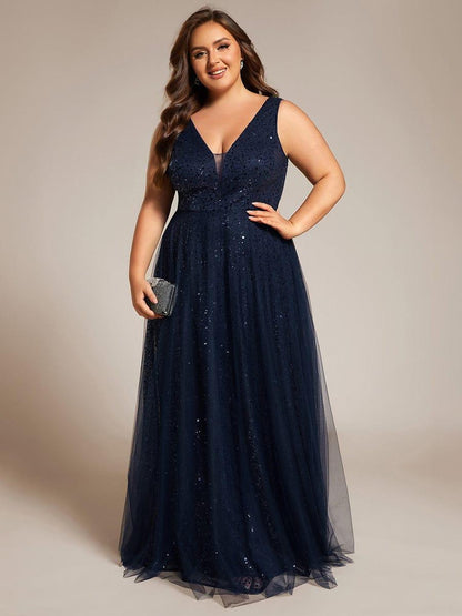 pretty HILLARY|Plus Size Sequin V-Neck Sleeveless Empire Waist Tulle Formal Evening Dress