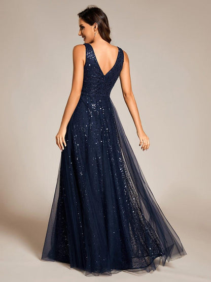 ever HILLARY|V-Neck Sleeveless High-Waist See-Through Sequin Tulle Evening Dress