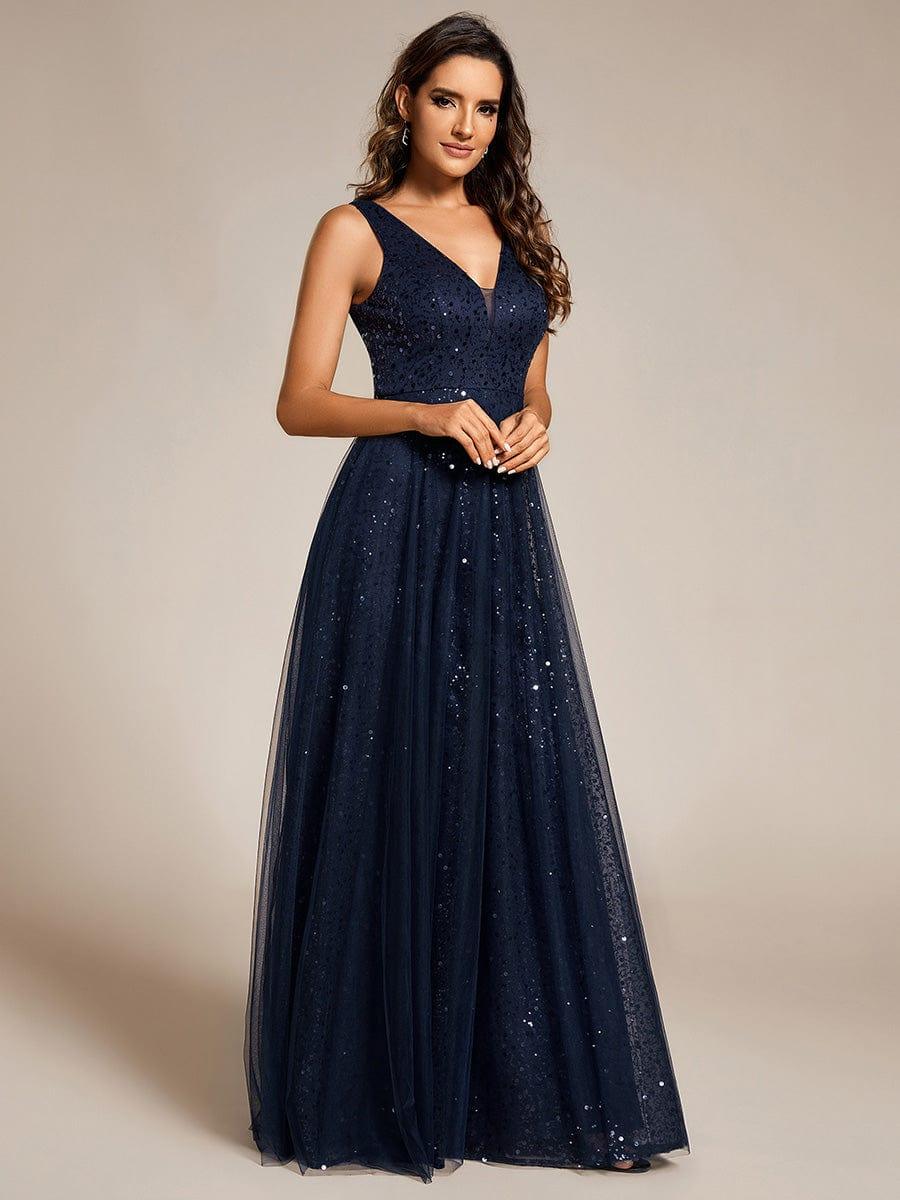 ever HILLARY|V-Neck Sleeveless High-Waist See-Through Sequin Tulle Evening Dress