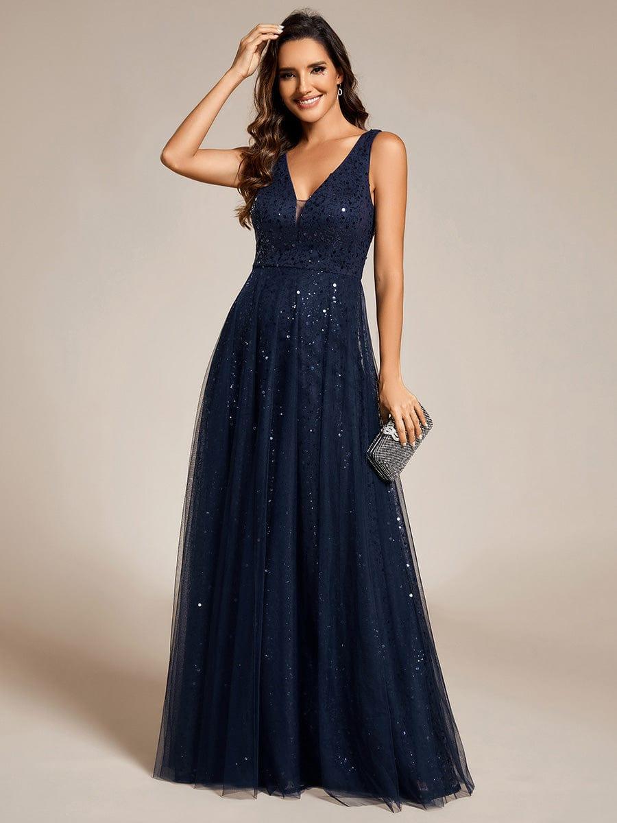 ever HILLARY|V-Neck Sleeveless High-Waist See-Through Sequin Tulle Evening Dress
