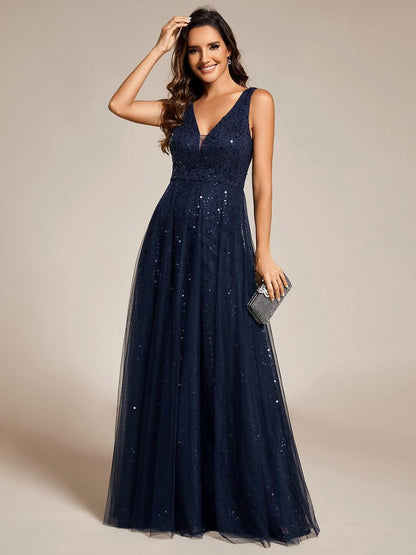 ever HILLARY|V-Neck Sleeveless High-Waist See-Through Sequin Tulle Evening Dress