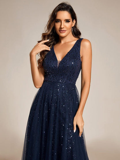 ever HILLARY|V-Neck Sleeveless High-Waist See-Through Sequin Tulle Evening Dress