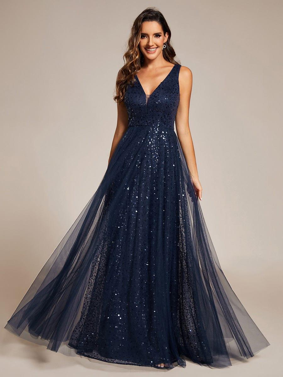 ever HILLARY|V-Neck Sleeveless High-Waist See-Through Sequin Tulle Evening Dress