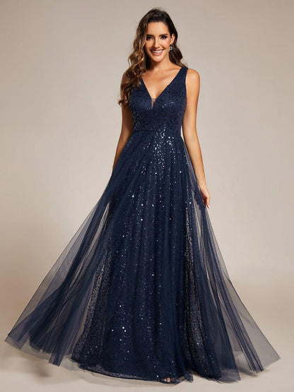 ever HILLARY|V-Neck Sleeveless High-Waist See-Through Sequin Tulle Evening Dress