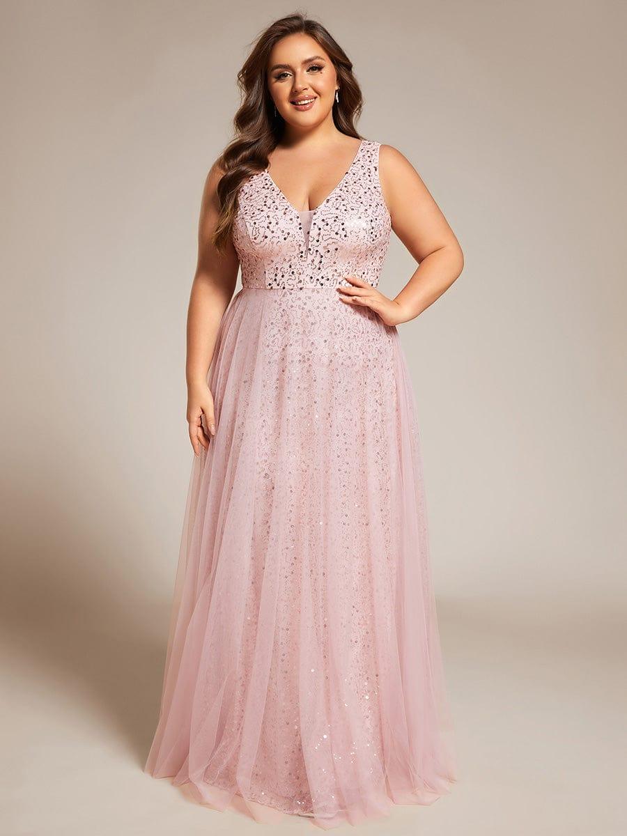 pretty HILLARY|Plus Size Sequin V-Neck Sleeveless Empire Waist Tulle Formal Evening Dress