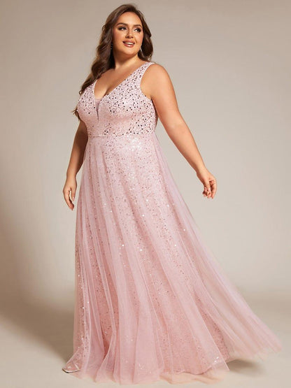 pretty HILLARY|Plus Size Sequin V-Neck Sleeveless Empire Waist Tulle Formal Evening Dress