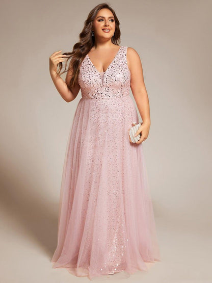 pretty HILLARY|Plus Size Sequin V-Neck Sleeveless Empire Waist Tulle Formal Evening Dress