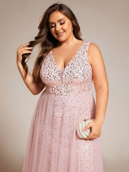 pretty HILLARY|Plus Size Sequin V-Neck Sleeveless Empire Waist Tulle Formal Evening Dress