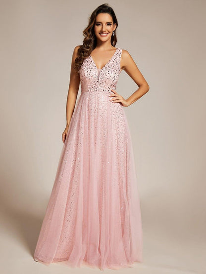 ever HILLARY|V-Neck Sleeveless High-Waist See-Through Sequin Tulle Evening Dress