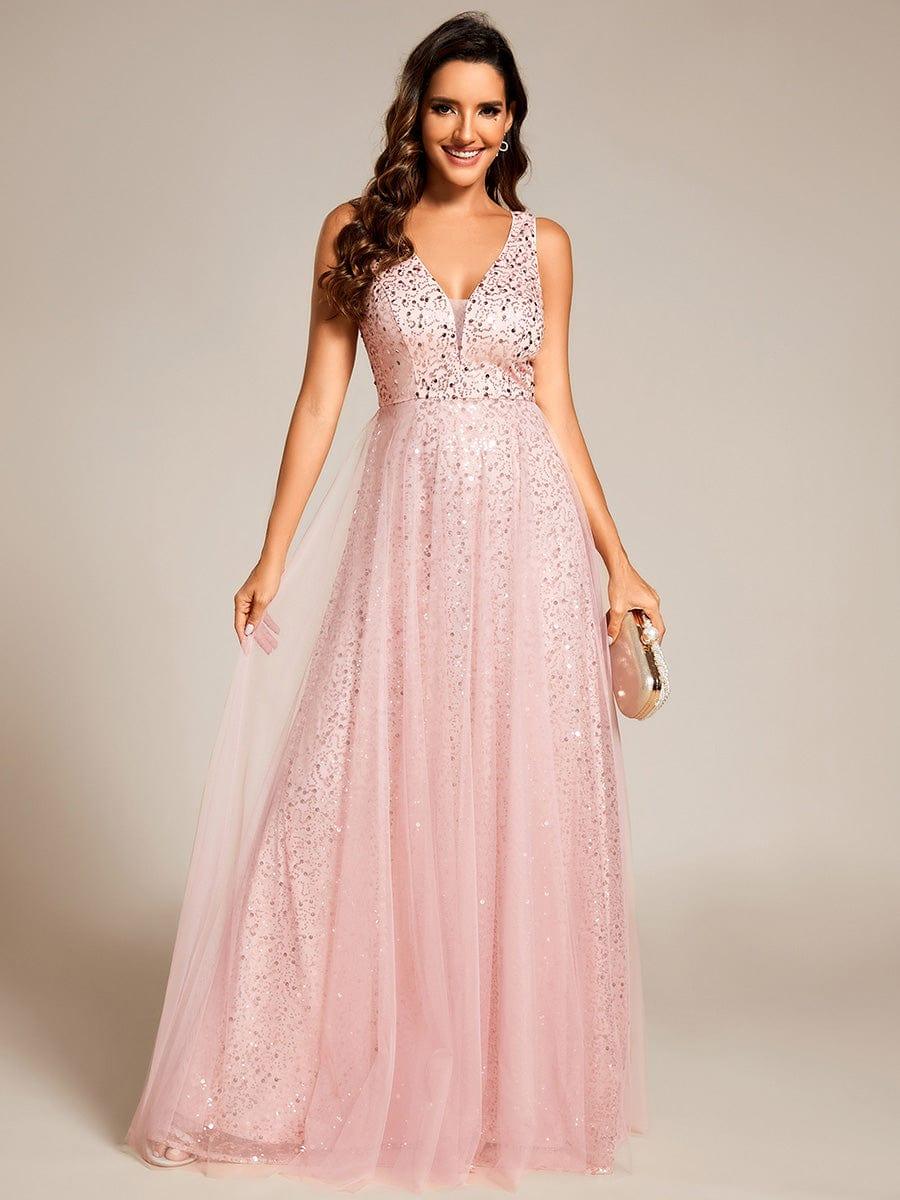 ever HILLARY|V-Neck Sleeveless High-Waist See-Through Sequin Tulle Evening Dress