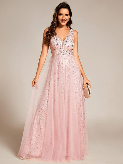 ever HILLARY|V-Neck Sleeveless High-Waist See-Through Sequin Tulle Evening Dress