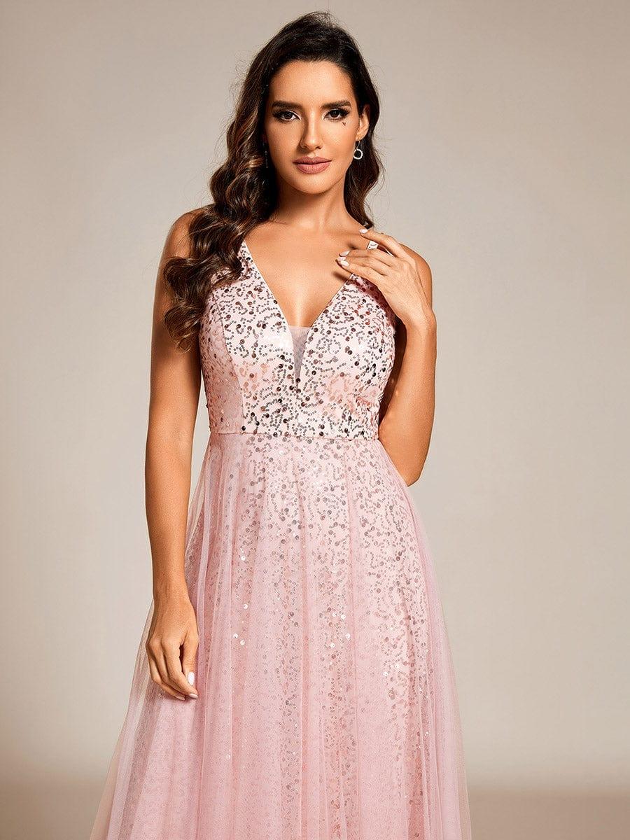 ever HILLARY|V-Neck Sleeveless High-Waist See-Through Sequin Tulle Evening Dress
