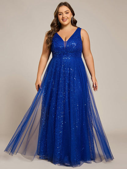 pretty HILLARY|Plus Size Sequin V-Neck Sleeveless Empire Waist Tulle Formal Evening Dress