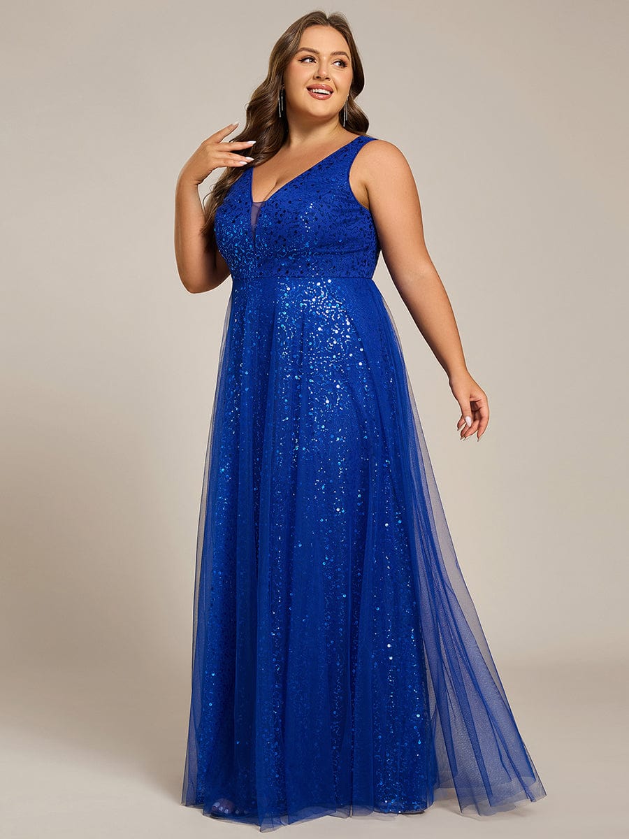 pretty HILLARY|Plus Size Sequin V-Neck Sleeveless Empire Waist Tulle Formal Evening Dress