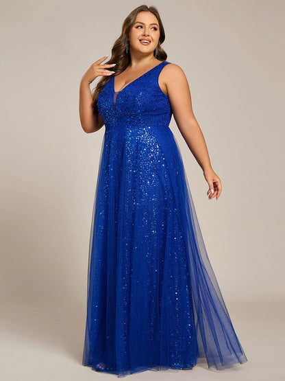 pretty HILLARY|Plus Size Sequin V-Neck Sleeveless Empire Waist Tulle Formal Evening Dress