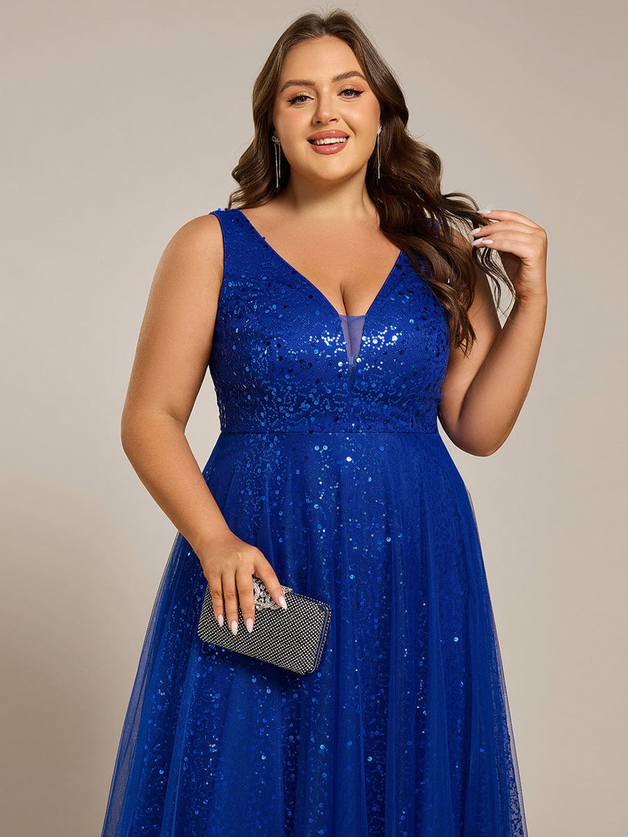 pretty HILLARY|Plus Size Sequin V-Neck Sleeveless Empire Waist Tulle Formal Evening Dress