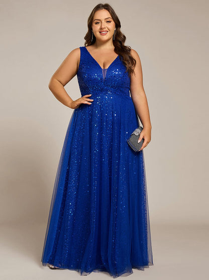 pretty HILLARY|Plus Size Sequin V-Neck Sleeveless Empire Waist Tulle Formal Evening Dress