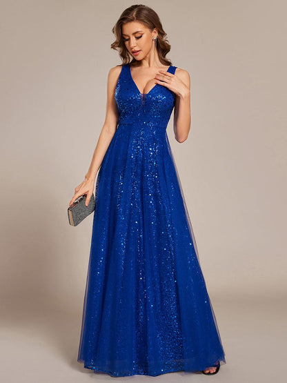 ever HILLARY|V-Neck Sleeveless High-Waist See-Through Sequin Tulle Evening Dress