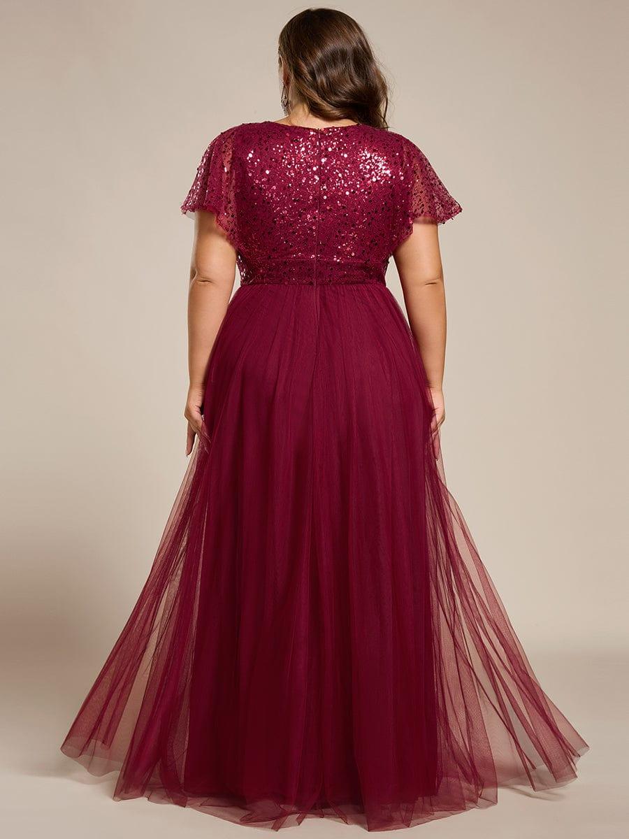 pretty NAVEYA|Plus Size Short Sleeves Sequin V-Neck Formal Evening Dress with Tulle