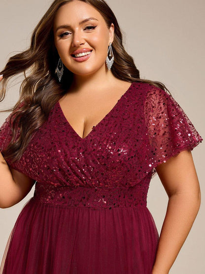 pretty NAVEYA|Plus Size Short Sleeves Sequin V-Neck Formal Evening Dress with Tulle