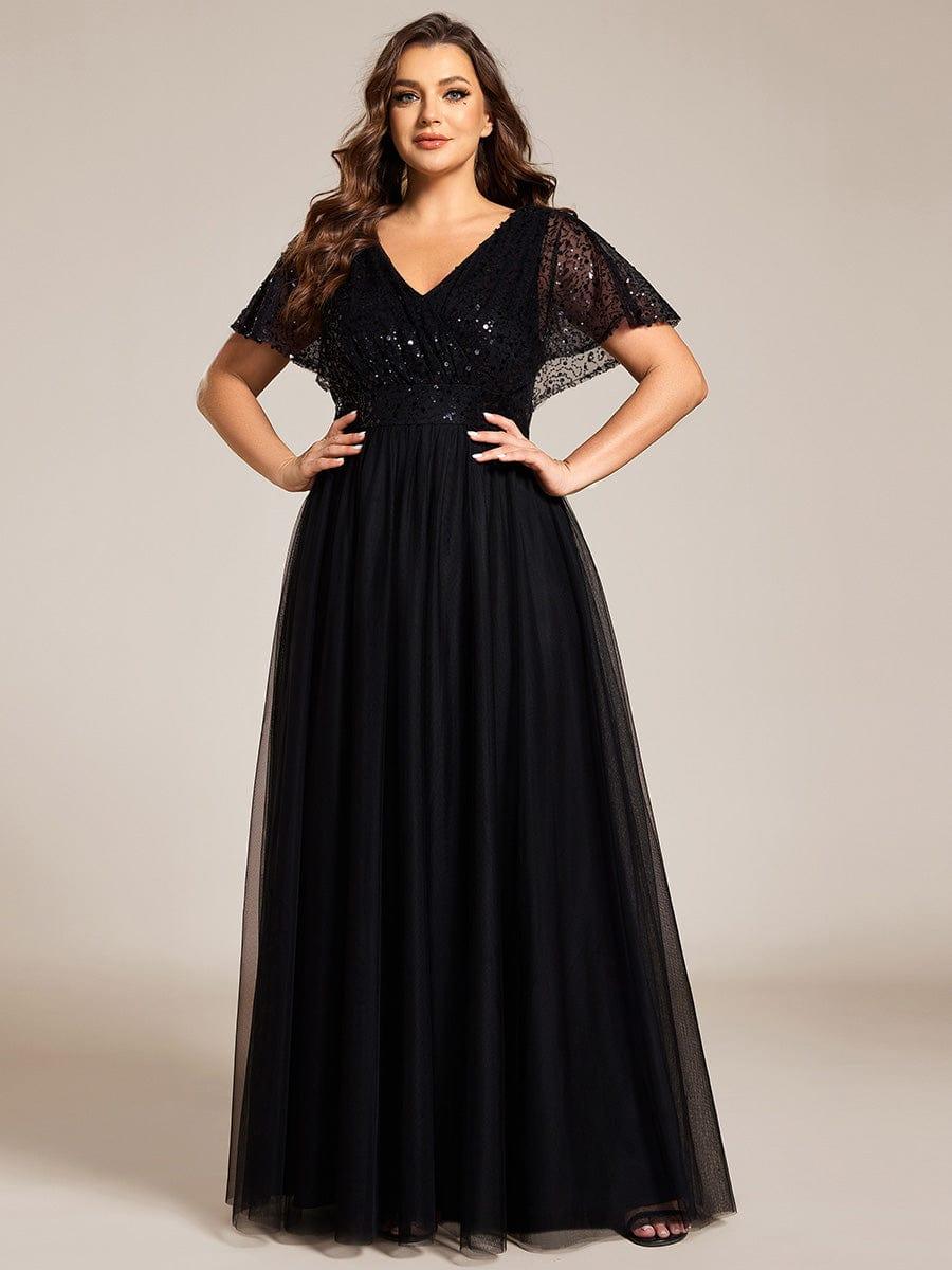 pretty NAVEYA|Plus Size Short Sleeves Sequin V-Neck Formal Evening Dress with Tulle
