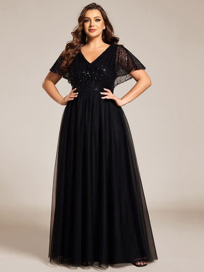 pretty NAVEYA|Plus Size Short Sleeves Sequin V-Neck Formal Evening Dress with Tulle
