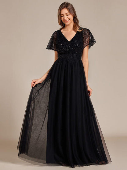 ever NAVEYA|Sparkly Sequin A-Line V-Neck Tulle Formal Evening Dress