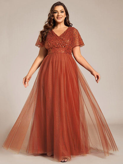 pretty NAVEYA|Plus Size Short Sleeves Sequin V-Neck Formal Evening Dress with Tulle