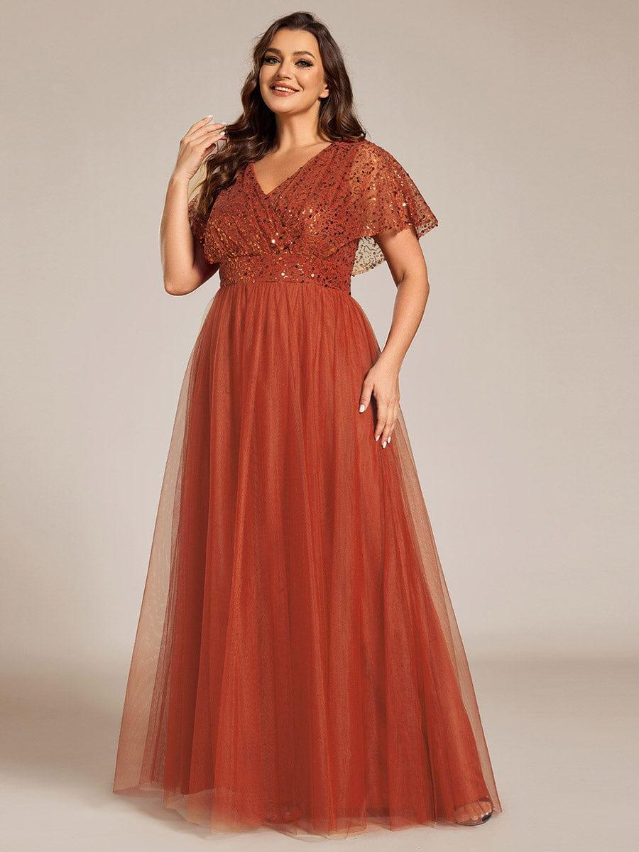 pretty NAVEYA|Plus Size Short Sleeves Sequin V-Neck Formal Evening Dress with Tulle