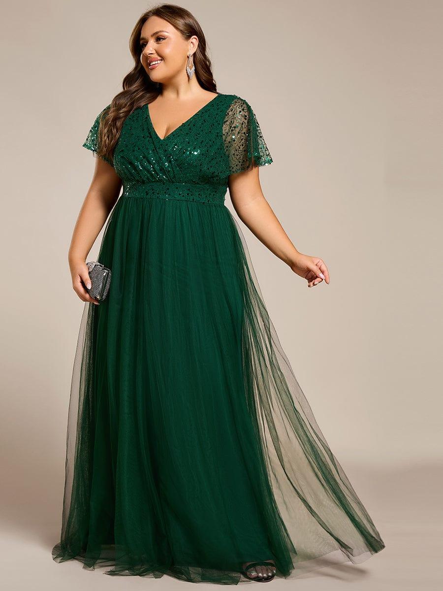 pretty NAVEYA|Plus Size Short Sleeves Sequin V-Neck Formal Evening Dress with Tulle