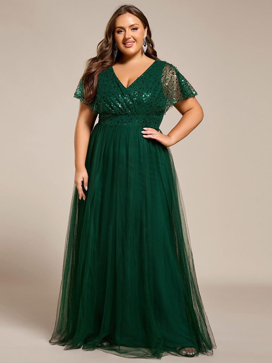 pretty NAVEYA|Plus Size Short Sleeves Sequin V-Neck Formal Evening Dress with Tulle