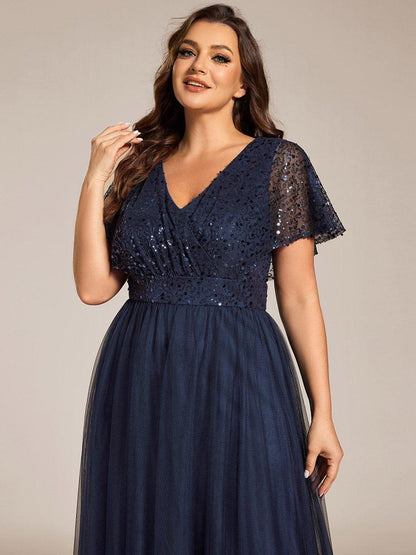pretty NAVEYA|Plus Size Short Sleeves Sequin V-Neck Formal Evening Dress with Tulle